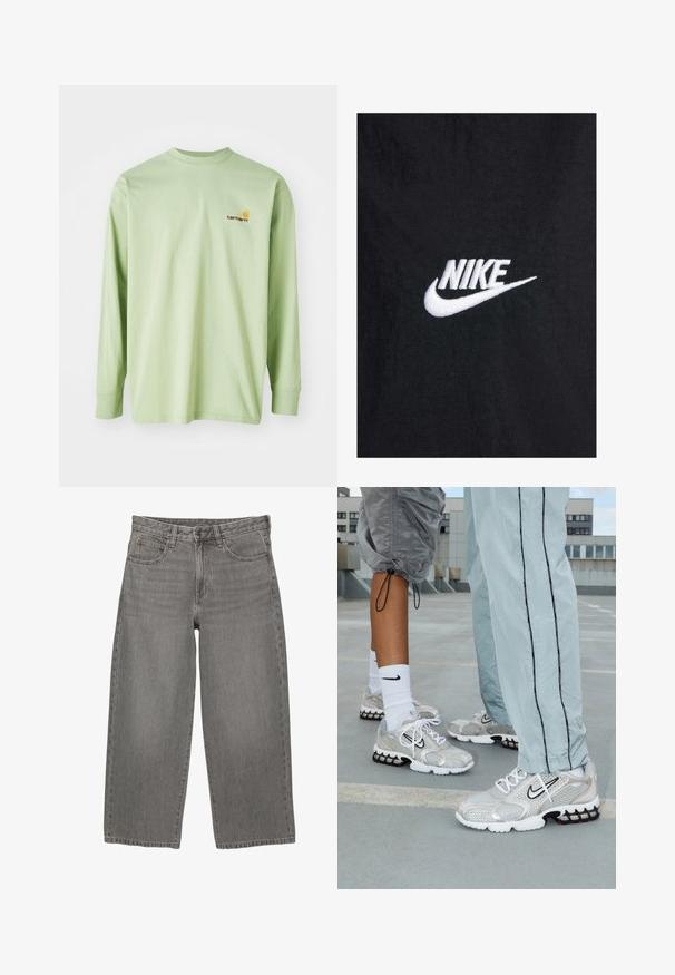 Czarna bawełniana koszulka z białym haftowanym logo Nike, z klasycznym okrągłym dekoltem i krótkimi rękawami. Gładka faktura.; Jasnoniebieski, wyblakły sweatshirt z żebrowanymi mankietami i dole, z dużym stylizowanym logo "NY" wyszytym na piersi.; Długi rękaw t-shirt w jasnym zielonym kolorze z bawełny, z okrągłym dekoltem, z małym pomarańczowym i brązowym logo na lewej klatce piersiowej.; Szare dżinsowe spodnie o szerokich nogawkach, z przodem zapinanym na guzik i zamek błyskawiczny, z szlufkami na pasek i pięcioma kieszeniami.; Buty sportowe Nike w srebrnej siateczce, z białymi sznurowadłami, czarnym logo swoosh oraz czarną i czerwoną podeszwą z poduszką powietrzną.