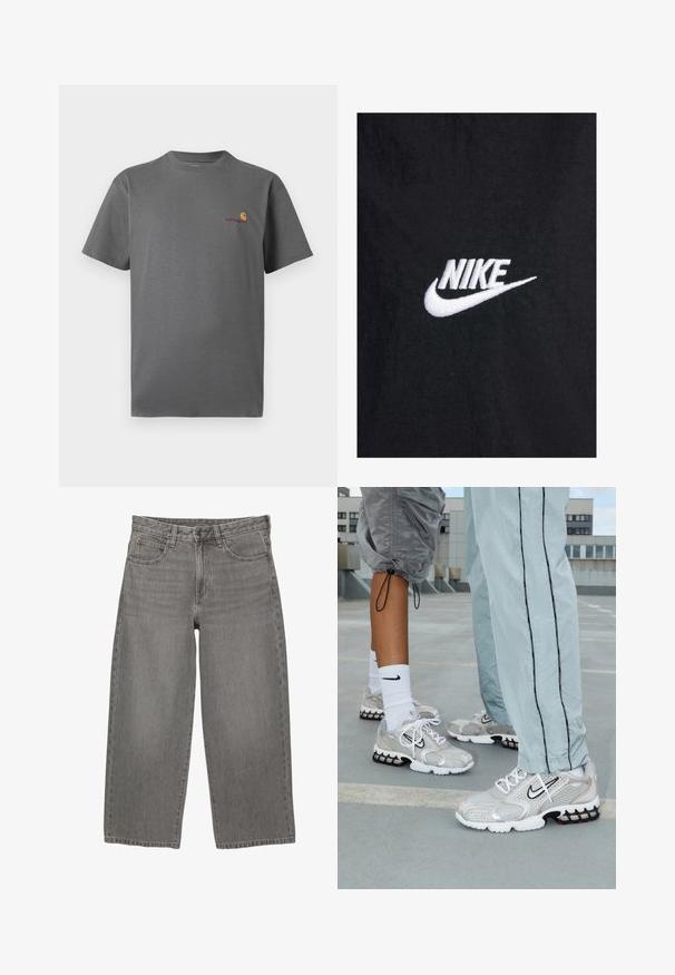 Črna bombažna majica s kratkimi rokavi, ki ima belo izvezeno Nike logo, s klasičnim okroglim izrezom. Gladka tekstura.; Svijetloplava izblijedjela dukserica s rebrastim rukavima i donjim dijelom, koja ima veliki stilizirani izvezeni logo "NY" na prsima.; Siva majica s kratkimi rokavi iz bombaža; ima subtilen logo v oranžni in burgundski na prsih. Osnovna zasnova s krožnim vratom.; Sivi jeansi širokih nogavic s sprednjim gumbom in zadrgo, z zankami za pas in petimi žepi.; Nike športni copati iz srebrnega mrežnega materiala, ki imajo bele vezalke, črn Swoosh logotip ter črno-rdečo podplat z zračnim oblazinjenjem.