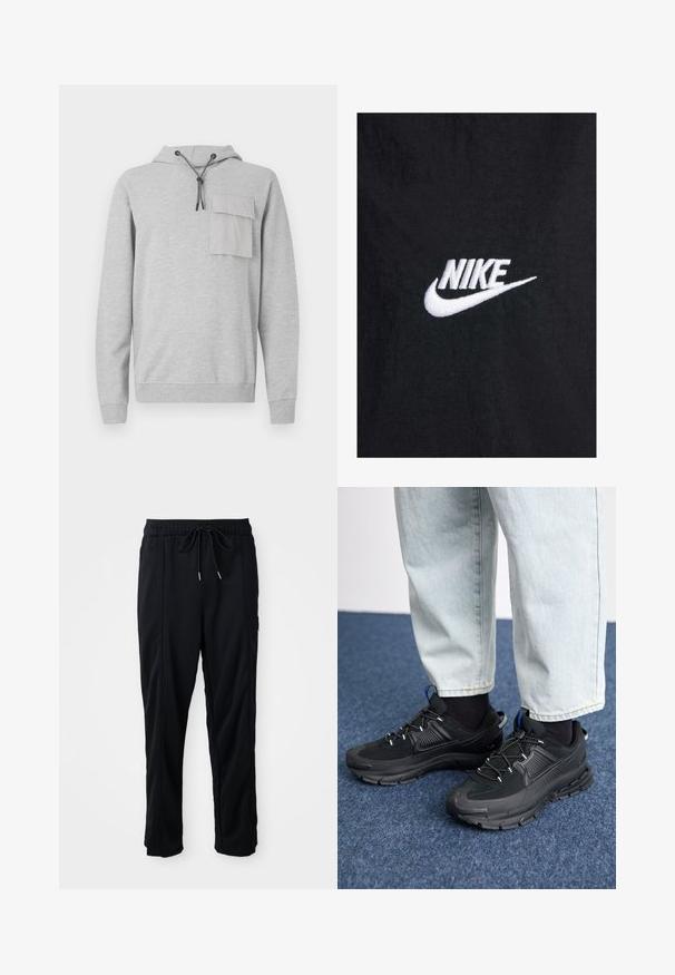 Fekete pamut póló, fehér hímzett Nike logóval, klasszikus kerek nyakkal és rövid ujjakkal. Sima textúra.; Szürke kapucnis pulóver puha anyagból, elülső zsebbel, zsinóros kapucnival, valamint bordás mandzsettákkal és aljjal. Egyszerű és funkcionális dizájn.; Fekete húzózsinóros, kényelmes nadrág oldalsó varrású zsebekkel és egyenes szabással, egyszínű háttéren.; Fekete sportcipők texturált anyaggal és gumitalppal, elasztikus fűzőkkel és kék kiegészítővel a saroknál. Világos farmernadrággal viselve.