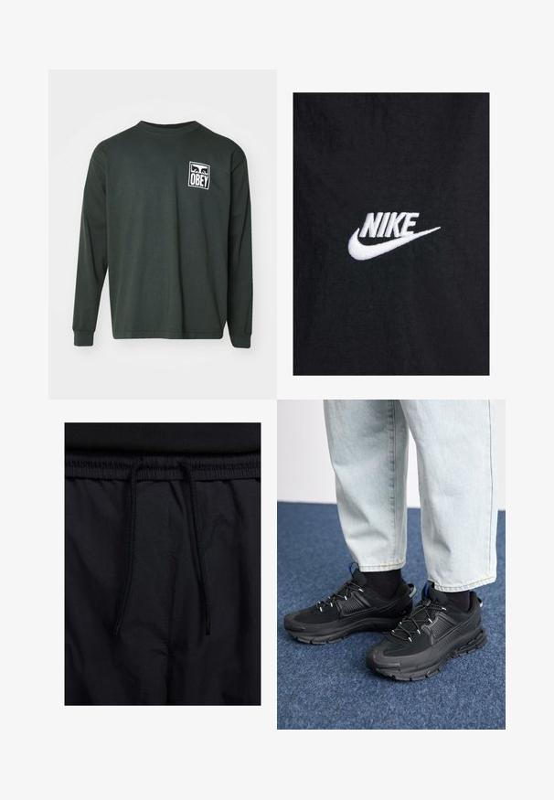 T-shirt de algodão preto com um logotipo da Nike em branco bordado, com um decote redondo clássico e mangas curtas. Textura suave.; Obey Clothing EYES ICON - Camisola de manga comprida - rosin; Calções pretos com um cós elástico ajustável, fabricados em tecido leve com uma textura suave e um design simples, sem logótipos ou padrões visíveis.; Sapatilhas desportivas pretas com tecido texturizado e solas em borracha, apresentando atacadores elásticos e um detalhe azul no calcanhar. Usadas com calças de ganga claras.