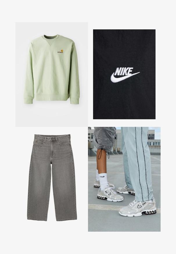 Musta puuvillainen t-paita, jossa on valkoinen brodeerattu Nike-logo, klassinen pyöreä kaula-aukko ja lyhyet hihat. Sileä pinta.; Vaaleanvihreä huppari, joka on valmistettu puuvillasekoitteesta. Varustettu ribatulla hihansuilla ja helmalla, ja siinä on pieni kirjailtu logo rinnassa. Yksinkertainen muotoilu, pyöreä kaula-aukko.; Harmaan farkkukangasta valmistetut väljät lahkeet, joissa on edessä nappi- ja vetoketjukiinnitys, vyölenkit ja viisi taskua.; Nike urheilukengät hopeisesta verkkomateriaalista, jossa on valkoiset nauhat, musta swoosh-logo ja musta-punainen ilmatyynypohja.