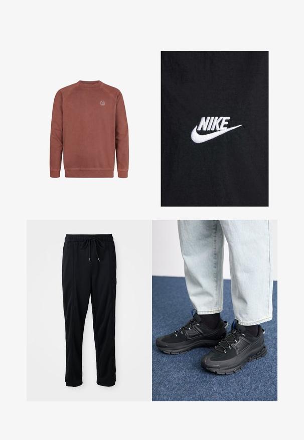 Schwarzes Baumwoll-T-Shirt mit einem weißen, gestickten Nike-Logo, klassischem Rundhalsausschnitt und kurzen Ärmeln. Glatte Textur.; Burgundy Crewneck Sweatshirt aus weichem Baumwollmischgewebe. Mit Raglanärmeln und einem kleinen Logopatch auf der Brust. Glatte Textur, gerippte Bündchen.; Schwarze lässige Hosen mit Kordelzug und seitlichen Eingrifftaschen sowie geradem Bein auf einem einfarbigen Hintergrund.; Schwarze Sportschuhe aus strukturiertem Stoff mit Gummisohlen, ausgestattet mit elastischen Schnürsenkeln und einem blauen Akzent an der Ferse. Getragen mit hellen Jeans.
