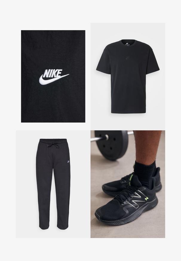 Zwart katoenen t-shirt met een witte geborduurde Nike-logo, voorzien van een klassieke ronde halslijn en korte mouwen. Gladde textuur.; Zwarte katoenen t-shirt van Nike met een klassieke ronde hals, korte mouwen en een subtiele, reliëflogo op de borst. Gladde textuur.; Zwarte sweatpants van zacht stof met een elastische tailleband, trekkoord en een klein Nike-logo op de linker bovenbeen.; Zwarte sportieve schoenen gemaakt van mesh en synthetische materialen, met reflecterende accenten en een rubberen buitenzool met een gestructureerde grip.