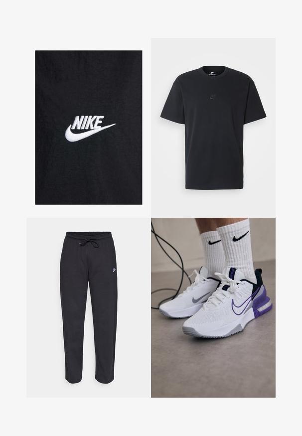 Schwarzes Baumwoll-T-Shirt mit einem weißen, gestickten Nike-Logo, klassischem Rundhalsausschnitt und kurzen Ärmeln. Glatte Textur.; Schwarzes Baumwoll-T-Shirt von Nike mit klassischem Rundhalsausschnitt, kurzen Ärmeln und einem dezenten, geprägten Logo auf der Brust. Glatte Textur.; Schwarze Sweatpants aus weichem Stoff mit elastischem Bund, Kordelzug und kleinem Nike-Logo auf dem linken Oberschenkel.; Weiße Sportschuhe mit Netzoberteil, lila Akzenten und grauer Sohle. Getragen mit weißen gerippten Socken, die ein schwarzes Logo zeigen. Ein Kabel liegt in der Nähe.