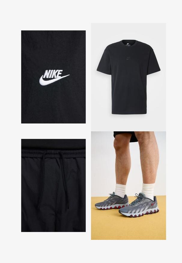 Mustad must puuvillane t-särk, millel on valge tikandiga Nike logo, klassikalise ümmarguse kaeluse ja lühikeste varrukatega. Sile tekstuur.; Nike musta mustast puuvillast T-särk klassikalise ümmarguse kaelusega, lühikeste varrukatega ja õrna, reljeefse logoga rinnal. Sile tekstuur.; Mustad lühikesed püksid, millel on paelaga vöökoht, kerge kangas, mis on sileda tekstuuriga ning lihtne disain ilma nähtavate logode või mustriteta.; Hallid hallid spordialused, millel on lainekujundus, punased aktsendid ja nähtavad õhupodid. Selle peal on valged sokid, kollasel pinnal.