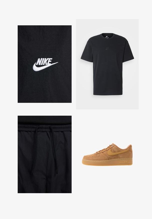 Fekete pamut póló, fehér hímzett Nike logóval, klasszikus kerek nyakkal és rövid ujjakkal. Sima textúra.; Fekete pamut póló Nike márkájú, klasszikus, kerek nyakú, rövid ujjú, és letisztult, dombornyomott logóval a mellkason. Simább textúra.; Fekete rövidnadrág, húzózsinórral ellátott derékrésszel, könnyű anyagból, sima felszínen, egyszerű dizájnnal, látható logók vagy minták nélkül.; Nike Sportswear AIR FORCE 1 07 - Sportcipő - flax/wheat/light brown/black/team gold