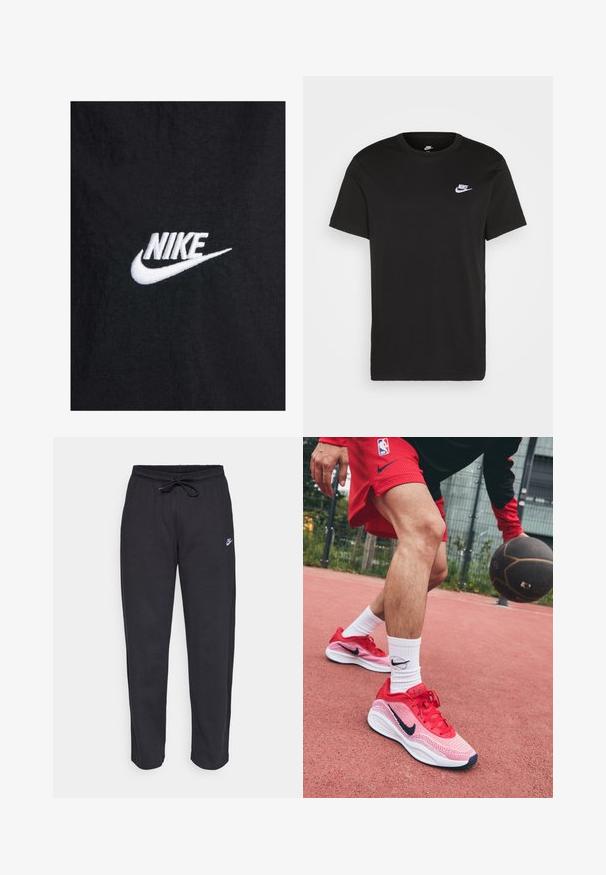 Tricou din bumbac negru, cu un logo Nike brodat alb, având un gât rotund clasic și mâneci scurte. Textură netedă.; Tricou negru din bumbac, cu mâneci scurte, guler rotund și un mic logo alb Nike pe partea superioară stângă a pieptului. Textură netedă. Croială clasică.; Pantaloni de trening negri dintr-un material moale, cu talie elastică, șnur de ajustare și un mic logo Nike pe coapsa stângă.; Pantofi de baschet ușori, roșii, cu un design din plasă și accente contrastante în nuanță de navy, asociați cu șosete albe ce poartă un logo negru.