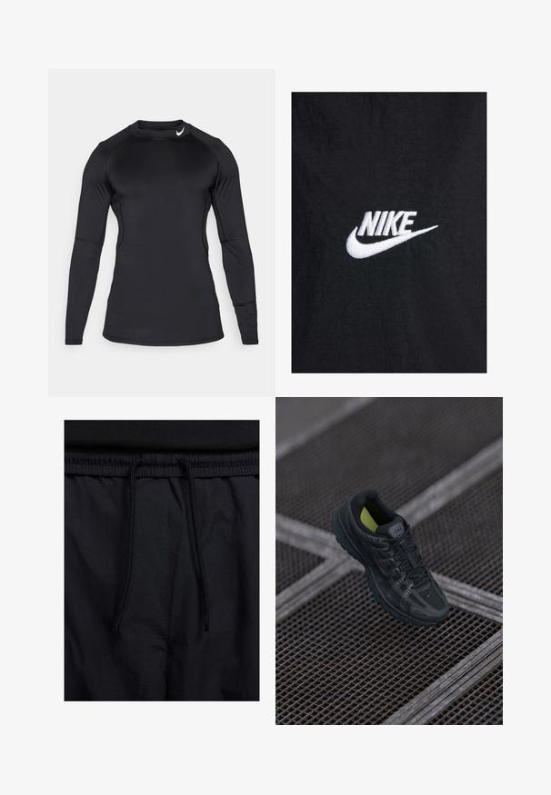 Schwarzes Baumwoll-T-Shirt mit einem weißen, gestickten Nike-Logo, klassischem Rundhalsausschnitt und kurzen Ärmeln. Glatte Textur.; Schwarzes, langärmeliges Sporthemd aus glattem, dehnbarem Material mit Rundhalsausschnitt und dezentem Logo oben links.; Schwarze Shorts mit einem Kordelzugbund, leichtem Stoff mit glatter Textur und einem schlichten Design ohne sichtbare Logos oder Muster.; Schwarzer Sportschuh mit Mesh- und Synthetik-Obermaterial, strukturiertem Sohlen und neon-grünen Akzenten im Inneren. Mit Schnürsenkeln und einem auffälligen Logo ausgestattet.
