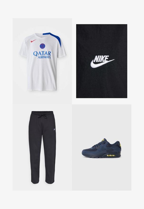 Čierne bavlnené tričko s bielou vyšívanou značkou Nike, s klasickým okrúhlym výstrihom a krátkymi rukávmi. Hladká textúra.; Biely tričko Nike s modrými akcentmi na pleciach, červeným logom a nápisom "QATAR AIRWAYS" vytlačeným modrou farbou na prednej strane. Textúrovaná látka.; Čierne tepláky vyrobené z mäkkej tkaniny s elastickým pásom, sťahovacou šnúrkou a malým logom Nike na ľavom stehne.; Námornícky modré tenisky Nike Air Max s vrchom z semišu a sieťoviny, s žltými akcentmi, šnurovaním vpredu a viditeľným vzduchovým odpružením v podrážke.