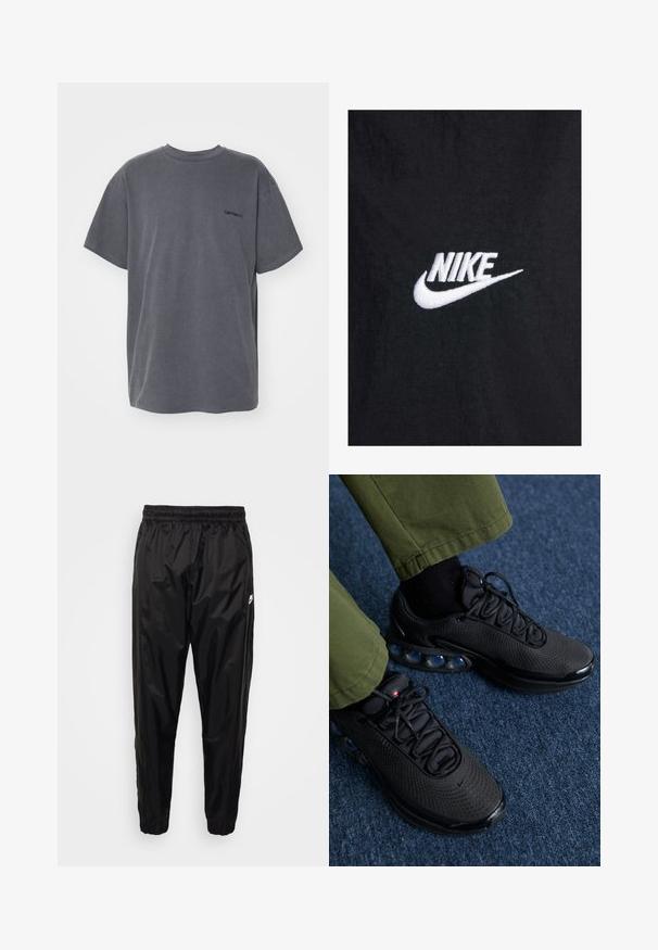 Sort bomulds T-shirt med et hvidt broderet Nike-logo, med en klassisk rund halsudskæring og korte ærmer. Glat tekstur.; Carhartt WIP DUSTER SCRIPT - T-shirts basic - black; Sorte træningsbukser lavet af let, skinnende materiale med elastisk talje, tætsiddende pasform og med lynlåslommer. Har et logo som accent.; Sorte sportssko med mesh-overdel, tekstureret overflade og synlige luftpolstringselementer. Kombineret med olivengrønne bukser og sorte sokker.