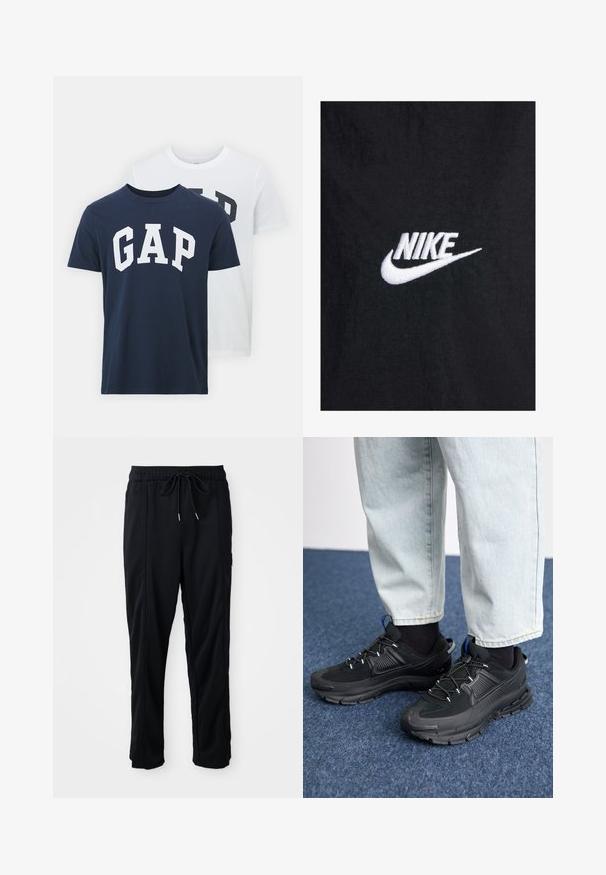 Juodas medvilninis marškinėlis su balta siuvinėta Nike logotipo detalė, klasikinio apvalaus iškirpimo ir trumpomis rankovėmis. Lygi tekstūra.; Du švarkai iš GAP; vienas tamsiai mėlynas su balta "GAP" logotipu, kitas baltas su tamsiai žaliu "GAP" logotipu. Pagaminti iš medvilnės, su apvalia iškirpte.; Juodos laisvos kelnės su raišteliu liemens, šoninėmis kišenėmis ir tiesiu kirpimu ant vienodos fono.; Juodi sportiniai bateliai su tekstūruota medžiaga ir guminiais padais, su elastingomis raišteliais ir mėlynu akcentu ant kulno. Dėvimi su šviesiai mėlynomis džinsinėmis kelnėmis.