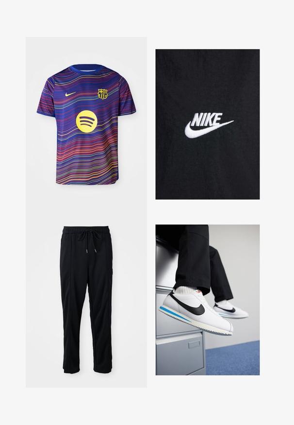 Fekete pamut póló, fehér hímzett Nike logóval, klasszikus kerek nyakkal és rövid ujjakkal. Sima textúra.; Barcelona labdarúgó mez kék színben, piros és sárga hullámmintákkal. A mellkason Nike logó és sárga Spotify logó található.; Fekete húzózsinóros, kényelmes nadrág oldalsó varrású zsebekkel és egyenes szabással, egyszínű háttéren.; Fehér bőr sportcipő fekete Nike logóval, világoskék és szürke gumitalppal, valamint klasszikus fűzős kialakítással. A lábak egy iratmegőrző szekrényen pihennek.