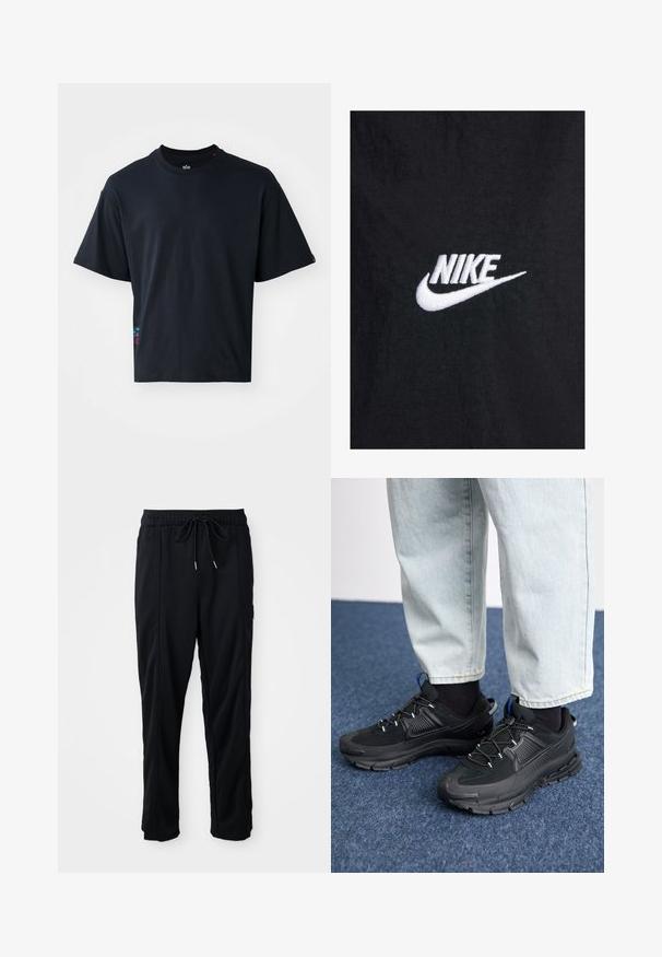 Juodas medvilninis marškinėlis su balta siuvinėta Nike logotipo detalė, klasikinio apvalaus iškirpimo ir trumpomis rankovėmis. Lygi tekstūra.; Juodas trumpas rankovės marškinėliai, pagaminti iš medvilnės, su klasikiniu apykaklės kirpimu ir mažybe spalvota logotipo detale šone.; Juodos laisvos kelnės su raišteliu liemens, šoninėmis kišenėmis ir tiesiu kirpimu ant vienodos fono.; Juodi sportiniai bateliai su tekstūruota medžiaga ir guminiais padais, su elastingomis raišteliais ir mėlynu akcentu ant kulno. Dėvimi su šviesiai mėlynomis džinsinėmis kelnėmis.