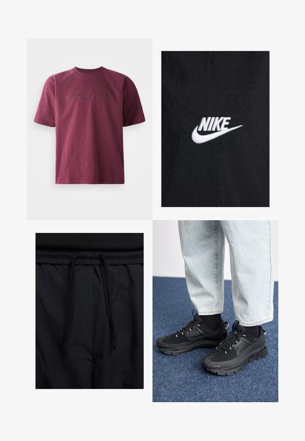 Svart bomull t-skjorte med hvit brodert Nike-logo, med klassisk rund hals og korte ermer. Glatt tekstur.; Burgunderfarget bomullsgenser med korte raglanermer og et teksturert "Carhartt"-logo brodert i en kontrastfarge på fronten.; Sorte shorts med snor i livet, lett stoff med en jevn tekstur, og et enkelt design uten synlige logoer eller mønstre.; Svarte sportssko med teksturert stoff og gummisåler, med elastiske lisser og en blå detalj på hælen. Brukt med lyse denimbukser.