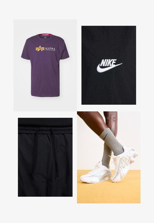 Černé bavlněné tričko s bílým vyšitým logem Nike, klasickým kulatým výstřihem a krátkými rukávy. Hladká textura.; Fialové bavlněné tričko s žlutým logem "A" a bílým textem "ALPHA INDUSTRIES". Krátké rukávy a kulatý výstřih.; Černé šortky s páskem na šňůrku, lehký materiál s hladkou texturou a jednoduchý design bez viditelných log nebo vzorů.; Bílé tenisky Nike se stříbrnými akcenty, s texturovanými panely a perforacemi. V kombinaci se šedými žebrovanými ponožkami, na žlutém pozadí.