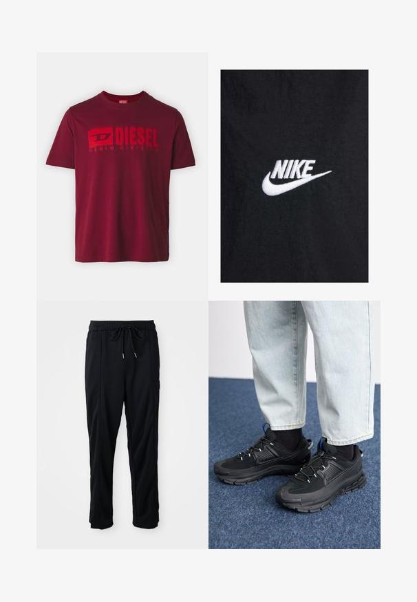 Melnas kokvilnas T-krekls ar baltu izšūtu Nike logotipu, klasiskā apaļā izgriezumā un īsām piedurknēm. Gluda tekstūra.; Diesel ADJUST - Apdrukāts T-krekls - ah40y; Melnas bikses ar aukliņu jostas vietā, ar sānu kabatām un taisnu kāju griezumu uz vienkrāsaina fona.; Melni sporta apavi ar strukturētu audumu un gumijas zoli, ar elastīgām auklām un zilu akcentu uz papēža. Nēsāti ar gaišām džinsu biksēm.