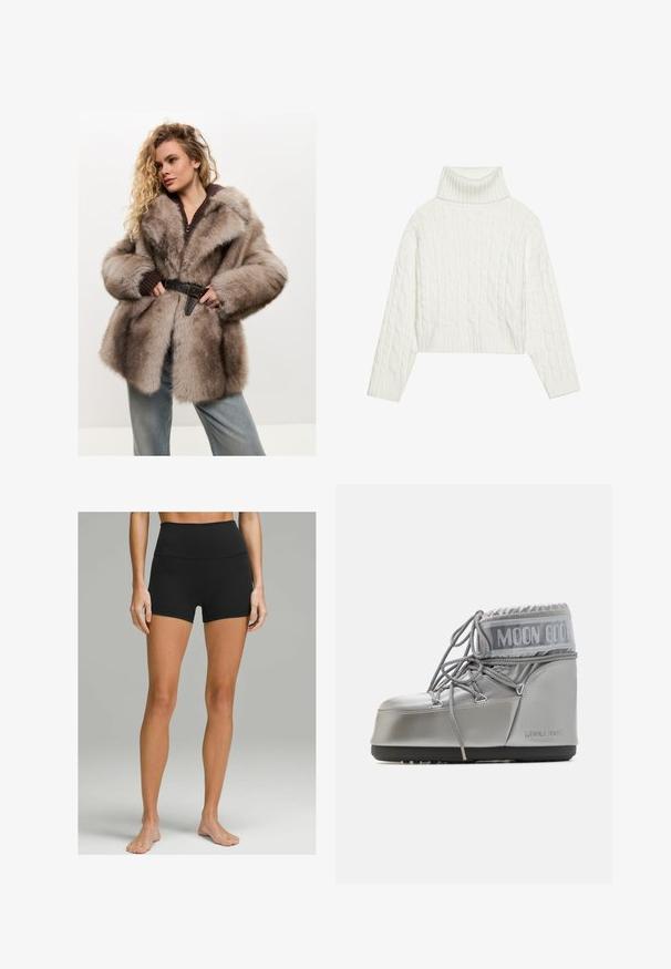 Cesare Gaspari Vinterkappa /-rock - brown; Vit kabelstickad turtleneck-tröja med en kortad siluett, som har ribbade muddar och nederkant. Mjuk textur med en mysig, tjock design.; Svarta högmidjade shorts i stretchigt tyg, med en smidig yta, åtsittande design och längd till mitt på låret. Inga synliga detaljer.; Silverfärgad vattentät stövel med rundad form, texturerad yta och grå snören. Har en framträdande "MOON BOOT"-logotyp på den övre sektionen.