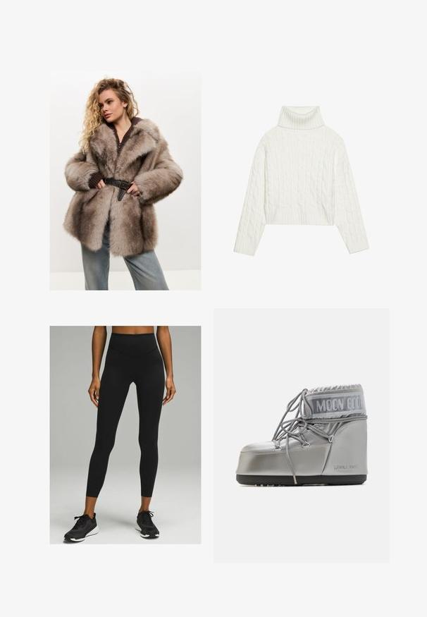 Cesare Gaspari Zimní kabát - brown; Bílý svetr s vysokým límcem a pleteným vzorem, s kratší siluetou, obsahující vroubkované manžety a lem. Měkká textura s útulným, robustním designem.; Černé legíny s vysokým pasem, s hladkým povrchem a přiléhavým střihem, spárované s černými sportovními botami s bílou podrážkou.; Stříbrná voděodolná bota s kulatým tvarem, texturovaným povrchem a šedými tkaničkami. Na horní části se nachází výrazné logo "MOON BOOT".