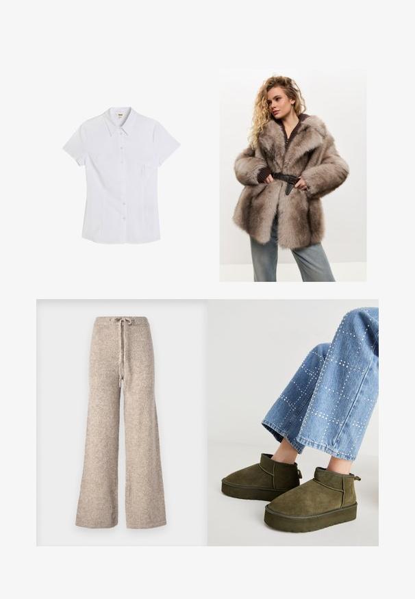 Cesare Gaspari Cappotto invernale - brown; Stradivarius Maglione - khaki; Camicia bianca a maniche corte con colletto rigido, realizzata in tessuto liscio. Presenta una forma aderente e sei bottoni trasparenti lungo il davanti.; Pantaloni beige a gamba larga realizzati in tessuto a maglia testurizzata, con vita regolabile e vestibilità comoda.; Stivaletti alla caviglia in suede verde oliva con suola spessa e testurizzata e linguetta. Abbinati a jeans in denim azzurro chiaro con dettagli decorativi.