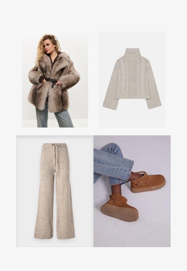 Cesare Gaspari Geacă - brown; Pulover tricotat, de culoare gri deschis, cu guler înalt și manșete ribbrate, având modele texturate de cabluri pe spate și pe laturi.; Pantaloni bej cu picioare largi, confecționați dintr-un material tricotat texturat, având un talie cu șnur și o croială lejeră.; Botine din velur maro, cu căptușeală pufoasă, vârful rotund și o talpă din cauciuc ușor masivă, având un model în herringbone.