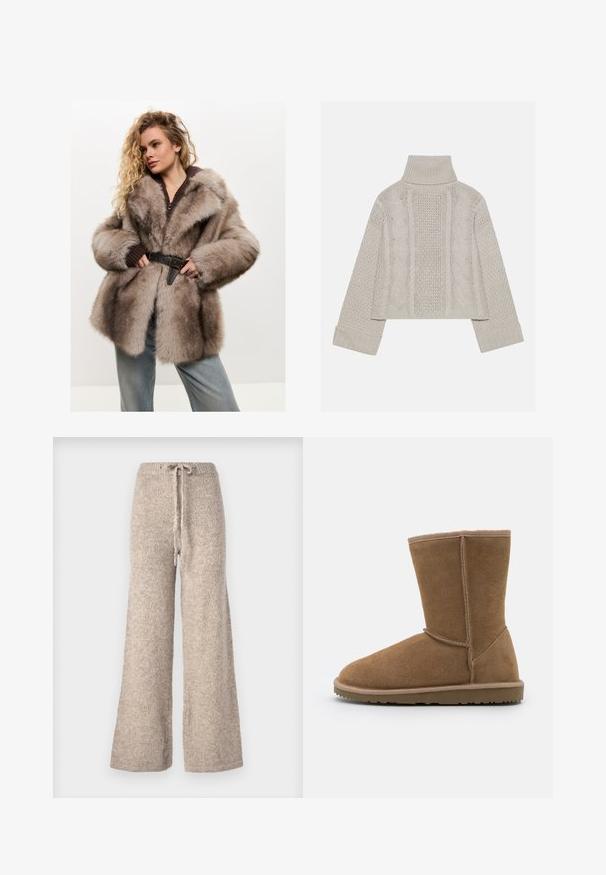 Cesare Gaspari Geacă - brown; Pulover tricotat, de culoare gri deschis, cu guler înalt și manșete ribbrate, având modele texturate de cabluri pe spate și pe laturi.; Pantaloni bej cu picioare largi, confecționați dintr-un material tricotat texturat, având un talie cu șnur și o croială lejeră.; Botine din suede maro, cu vârf rotunjit, cusături verticale și talpă plată din cauciuc. Designul dispune de cusături în jurul deschiderii.