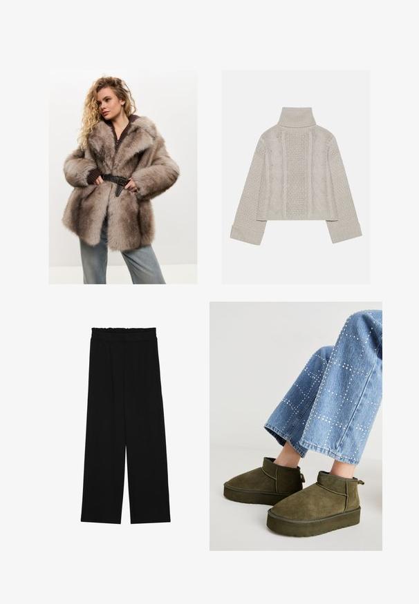 Cesare Gaspari Talvitakki - brown; Lyhyt, vaaleanharmaa neulepusero korkealla kauluksella ja ribbireunuksilla, jossa on teksturoidut letkut kuvioita takana ja sivuilla.; Musta leveälahkeinen housut, joissa on röyhelövyötärö, kaksi sivutaskua ja sileä, kevyt kangas. Ei näkyviä kuvioita tai metalliosia.; Oliva vihreät mokkanahka nilkkasaappaat paksulla, kuvioidulla pohjalla ja vetoketjulla. Yhdistettynä vaaleansinihin, koristeltuihin farkkuihin.