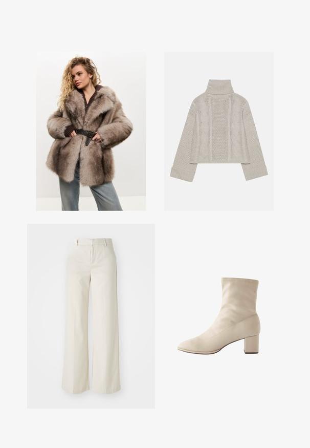 Cesare Gaspari Vinterkappa /-rock - brown; Beskurad, ljusgrå stickad tröja med hög krage och ribbade manschetter, med strukturerade kablar som går längs bakstycket och sidorna.; Vidbenade byxor i en ljus beige färg, gjorda av ett slätt tyg. Har en klassisk midja och flat front med rena linjer.; Beige ankelboot i slät läder med spetsig tå och fyrkantig klack. Sömlös design med minimal sömdetalj.