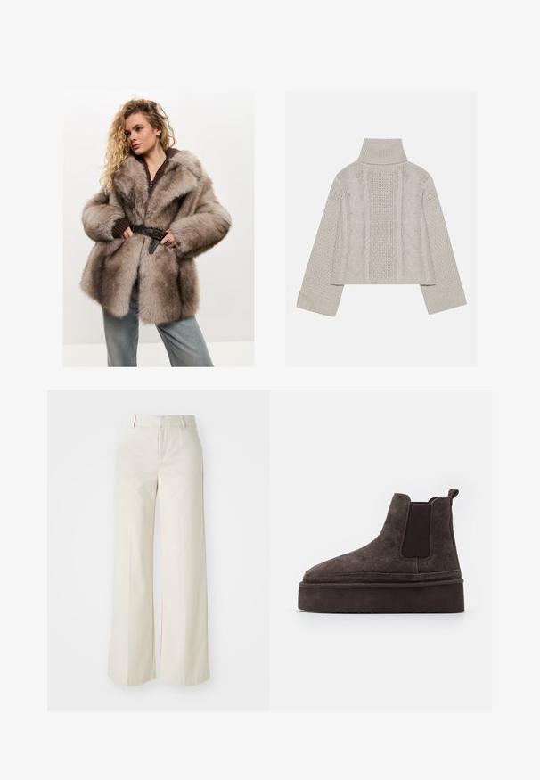 Cesare Gaspari Téli kabát - brown; Rövidített, világosszürke kötött pulóver magas gallérral és bordázott mandzsettákkal, hátul és az oldalakon texturált sodrott mintákkal.; Világos bézs színű, széles lábú nadrág, sima anyagból készült. Klasszikus derékrésszel és lapos elülső résszel, letisztult vonalakkal rendelkezik.; Barna nubuk Chelsea csizma elasztikus oldalsó panelekkel és vastag, textúrázott talppal. A saroknál található húzófül megkönnyíti a felhúzást.