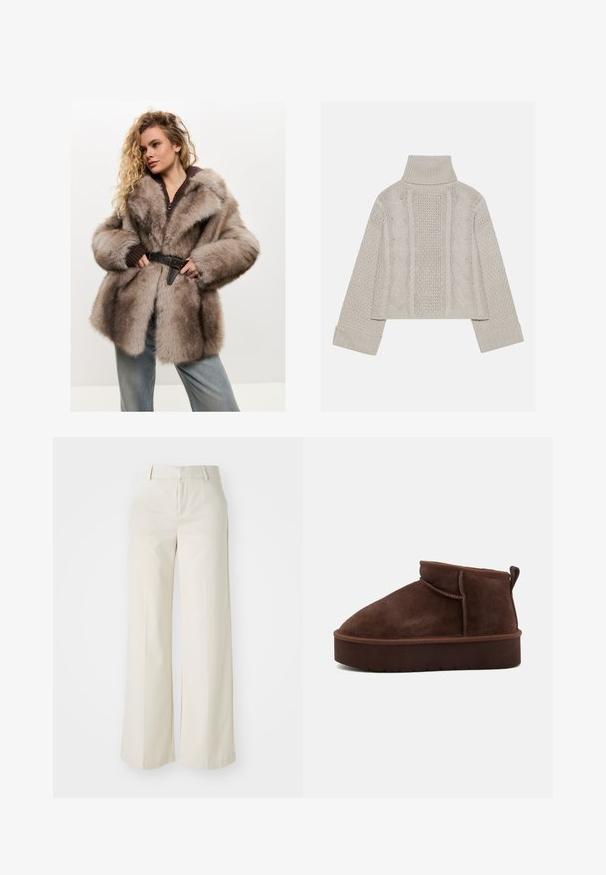 Cesare Gaspari Téli kabát - brown; Rövidített, világosszürke kötött pulóver magas gallérral és bordázott mandzsettákkal, hátul és az oldalakon texturált sodrott mintákkal.; Világos bézs színű, széles lábú nadrág, sima anyagból készült. Klasszikus derékrésszel és lapos elülső résszel, letisztult vonalakkal rendelkezik.; Barna velúr bokacsizma lekerekített orral, puha tapintással és vastag talppal. Finom varrási részletekkel és hátsó húzófüllel rendelkezik.