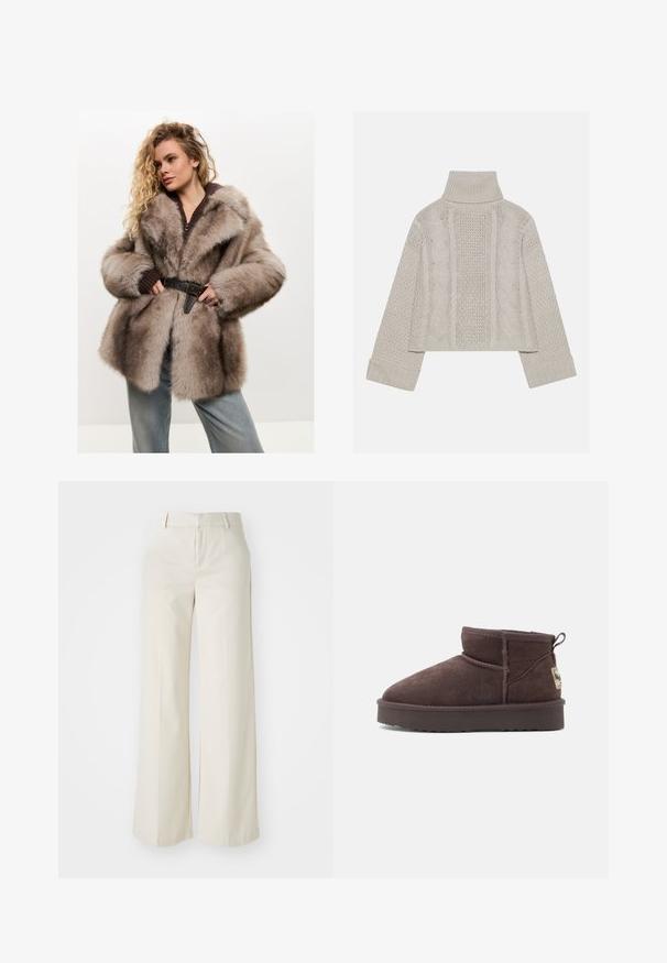 Cesare Gaspari Zimní kabát - brown; Zkrácený svetřík v světle šedé barvě z pleteniny s vysokým límcem a žebrovanými manžetami, se strukturovanými kabelovými vzory na zádech a bocích.; Kalhoty s širokými nohavicemi v jasně béžové barvě, vyrobené z hladkého materiálu. Mají klasický pas a plochý přední díl s čistými liniemi.; Hnědé semišové kotníkové boty s zaoblenou špičkou, minimálními švy a texturovanou gumovou podrážkou. Obsahují malý poutko na zadní straně a značkovou etiketu.