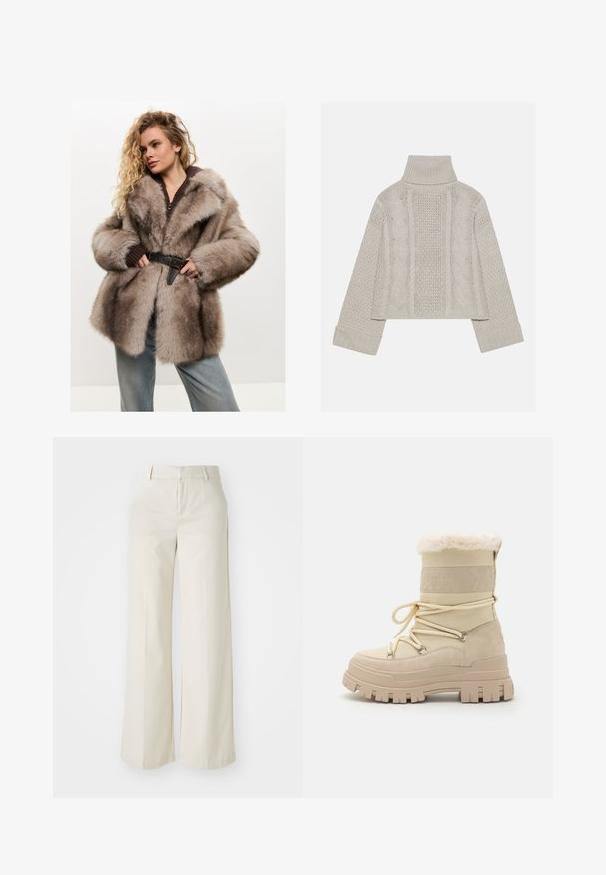 Cesare Gaspari Téli kabát - brown; Rövidített, világosszürke kötött pulóver magas gallérral és bordázott mandzsettákkal, hátul és az oldalakon texturált sodrott mintákkal.; Világos bézs színű, széles lábú nadrág, sima anyagból készült. Klasszikus derékrésszel és lapos elülső résszel, letisztult vonalakkal rendelkezik.; Beige bokacsizma bolyhos szegéllyel, velúr és textil felsőrész, elülső fűzéssel fémből készült horgokkal, valamint vastag, durva talppal.