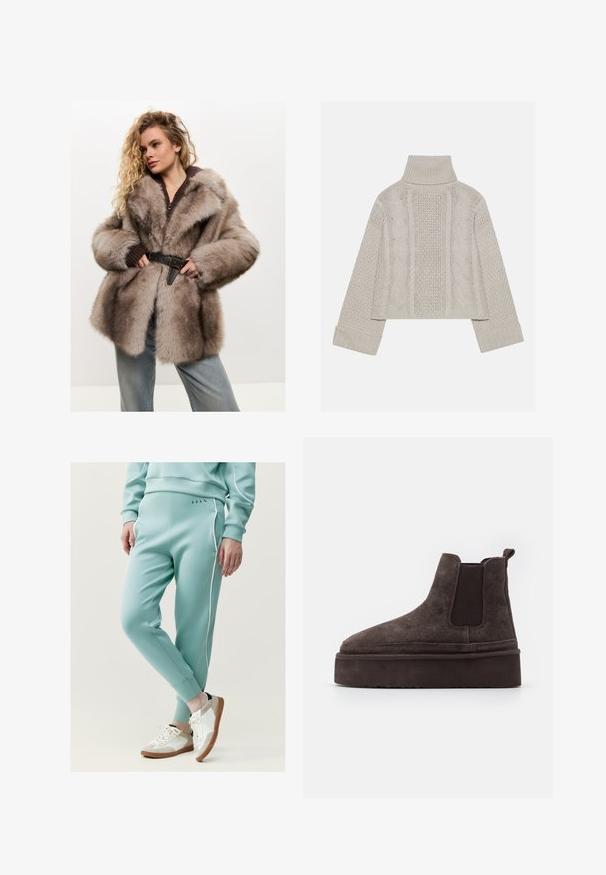 Cesare Gaspari Vinterkappa /-rock - brown; Beskurad, ljusgrå stickad tröja med hög krage och ribbade manschetter, med strukturerade kablar som går längs bakstycket och sidorna.; Mintgröna träningsbyxor med vit sidopiping, avsmalnande mudd och en mjuk textur. Bärs med vita och beiga sneakers med snören.; Bruna mockaskinn Chelsea-stövlar med elastiska sidopaneler och en tjock, texturerad platåsål. Har en dragflik vid hälen för enkel påtagning.