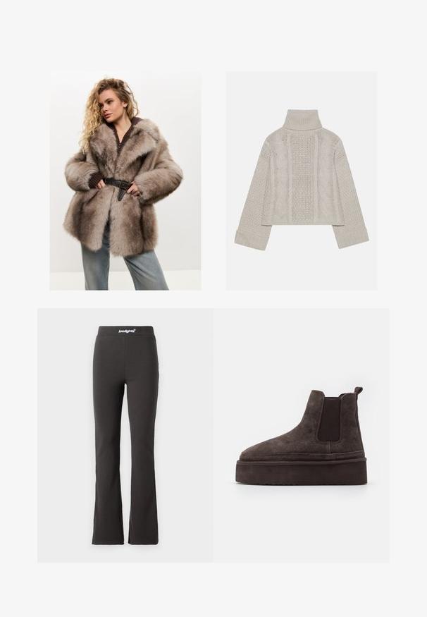 Cesare Gaspari Wintermantel - brown; Gekürzter, hellgrauer Strickpullover mit hohem Kragen und gerippten Bündchen, ausgestattet mit strukturierten Zopfmustern entlang des Rückens und der Seiten.; Schwarze, ausgestellte Hosen aus elastischem Stoff mit glatter Textur. Verfügt über einen breiten Bund mit Logodetails oben.; Braune Wildleder Chelsea-Stiefel mit elastischen Seitenpaneelen und einer dicken, strukturierten Plattformsohle. Mit einem Ziehband an der Ferse für ein einfaches An- und Ausziehen.