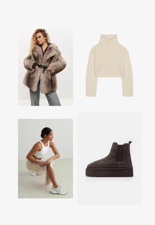 Cesare Gaspari Wintermantel - brown; Cremefarbener, kurz geschnittener Pullover mit hohem Kragen, strukturiertem Strickkörper und Ärmeln im Fischgrätenmuster. Aus weichem Garnmaterial gefertigt.; Weißes geripptes Crop-Top, beigefarbenen Knopf-up Rock mit seitlichem Schlitz, weiße Sneaker mit schwarzen und silbernen Akzenten, sitzend vor einem hellen Hintergrund.; Braune Wildleder Chelsea-Stiefel mit elastischen Seitenpaneelen und einer dicken, strukturierten Plattformsohle. Mit einem Ziehband an der Ferse für ein einfaches An- und Ausziehen.