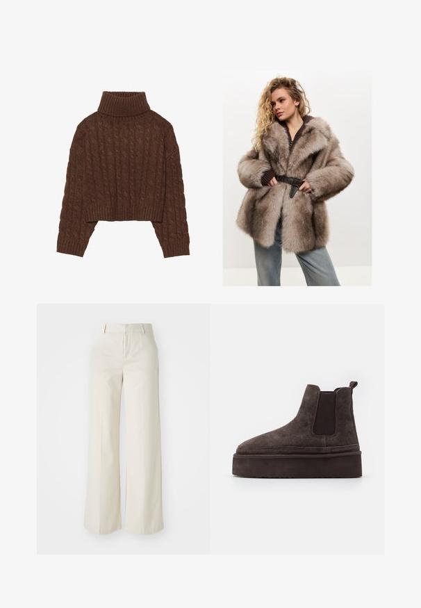 Cesare Gaspari Téli kabát - brown; Barna, kábelmintás, rövid fazonú pulóver magas garbónyakkal és hosszú ujjakkal, bordázott szegéllyel és mindenütt texturált mintázattal.; Világos bézs színű, széles lábú nadrág, sima anyagból készült. Klasszikus derékrésszel és lapos elülső résszel, letisztult vonalakkal rendelkezik.; Barna nubuk Chelsea csizma elasztikus oldalsó panelekkel és vastag, textúrázott talppal. A saroknál található húzófül megkönnyíti a felhúzást.