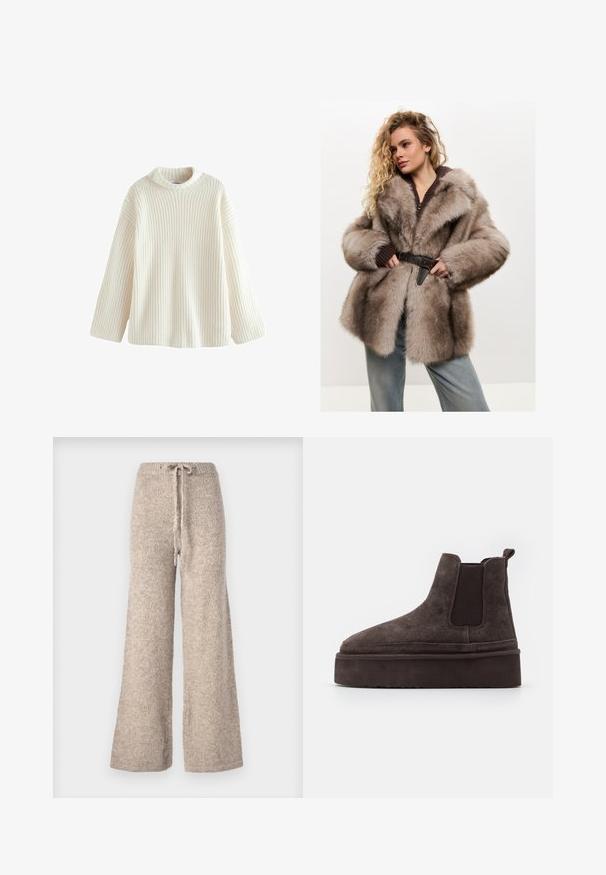 Cesare Gaspari Talvitakki - brown; Kerman värinen neulepaita, jossa on tekstuurinen ribbikuvio, löysä malli, leveät hihat ja pyöreä pääntie. Kevyt ja pehmeä materiaali.; Beige levelet kengät valmistettu teksturoidusta neuloskankaasta, jossa on kiristysnauha vyötäröllä ja rento istuvuus.; Kastanjanruske semiš Chelsea čizme s elastičnim bočnim panelima i debelim, teksturiranim platformom. Imaju petni trak za lakše obuvanje.