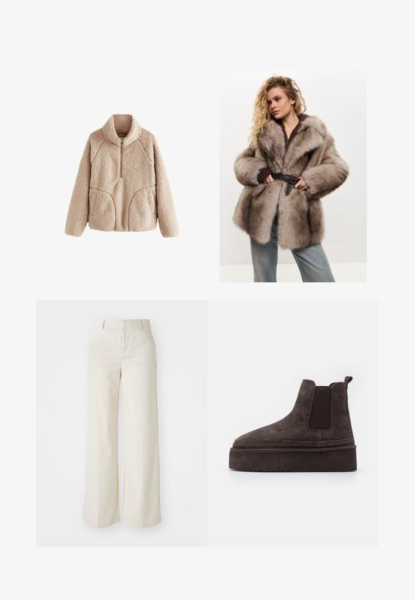 Cesare Gaspari Vinterfrakke - brown; Fleece pullover i lys beige med høj krave, halv lynlås foran og to forlommer; har bløde, teksturerede materialer.; Bredde ben-bukser i en lys beige farve, lavet af et glat stof. Har en klassisk talje og flad front med rene linjer.; Brune ruskinds Chelsea støvler med elastiske sidepaneler og en tyk, struktureret platåsål. Har en strop bagpå til nem påtagning.