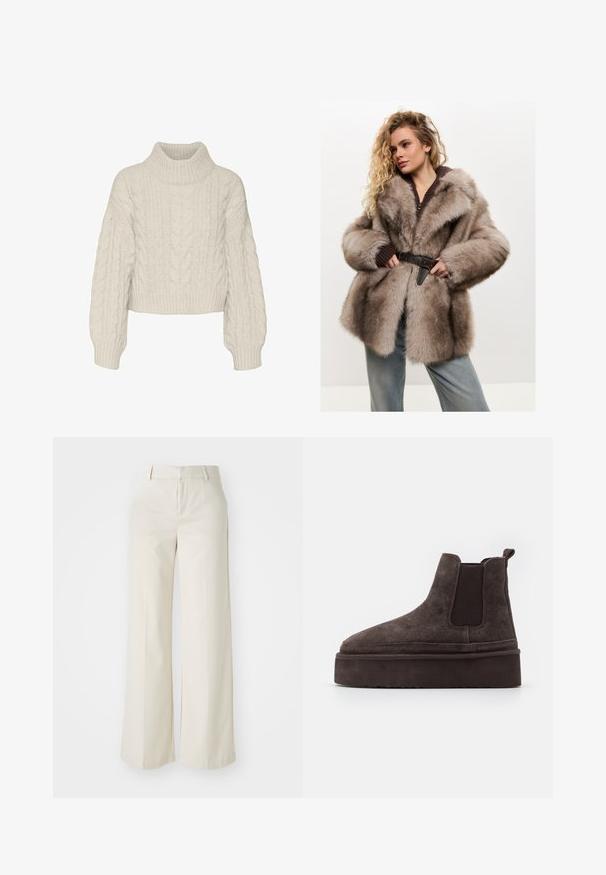Cesare Gaspari Wintermantel - brown; Vero Moda VMDREAM CROP - Strickpullover - birch; Weite Hosen in einem hellbeigen Farbton, aus einem glatten Stoff gefertigt. Mit einem klassischen Bund und flachem Vorderteil, das klare Linien zeigt.; Braune Wildleder Chelsea-Stiefel mit elastischen Seitenpaneelen und einer dicken, strukturierten Plattformsohle. Mit einem Ziehband an der Ferse für ein einfaches An- und Ausziehen.