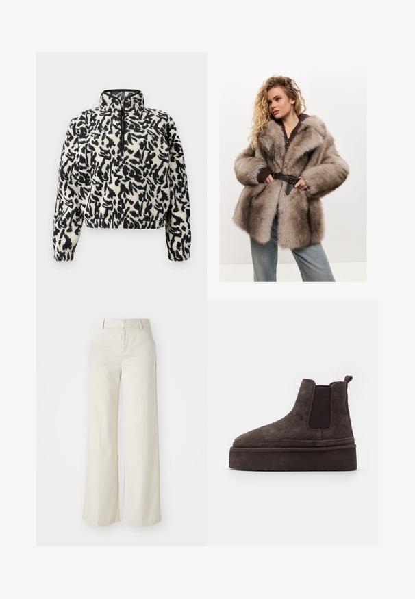 Cesare Gaspari Zimní kabát - brown; Fleecový pulovr v barvě slonové kosti s černým abstraktním vzorem, se zipem do poloviny a elastickými manžetami pro pohodlné nošení.; Kalhoty s širokými nohavicemi v jasně béžové barvě, vyrobené z hladkého materiálu. Mají klasický pas a plochý přední díl s čistými liniemi.; Hnědé semišové Chelsea boty s elastickými bočními panely a silnou, texturovanou platformovou podrážkou. Obsahují poutko na patě pro snadné obouvání.