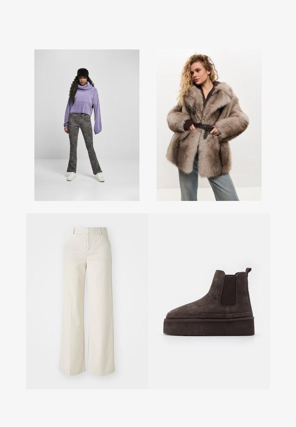 Cesare Gaspari Talvitakki - brown; Violetti lyhyt neulepaita, jossa on poolokaulus, yhdistettynä musti-harmaisiin seepra-kuosisisiin leveälahkeisiin housuihin ja valkoisiin lenkkareihin. Mustaämpärilakki.; Tilavat housut vaaleassa beigeissä sävyissä, valmistettu sileästä kankaasta. Ominaisuuksina klassinen vyötäröosa ja litteä etuosa, joissa on puhtaat linjat.; Kastanjanruske semiš Chelsea čizme s elastičnim bočnim panelima i debelim, teksturiranim platformom. Imaju petni trak za lakše obuvanje.