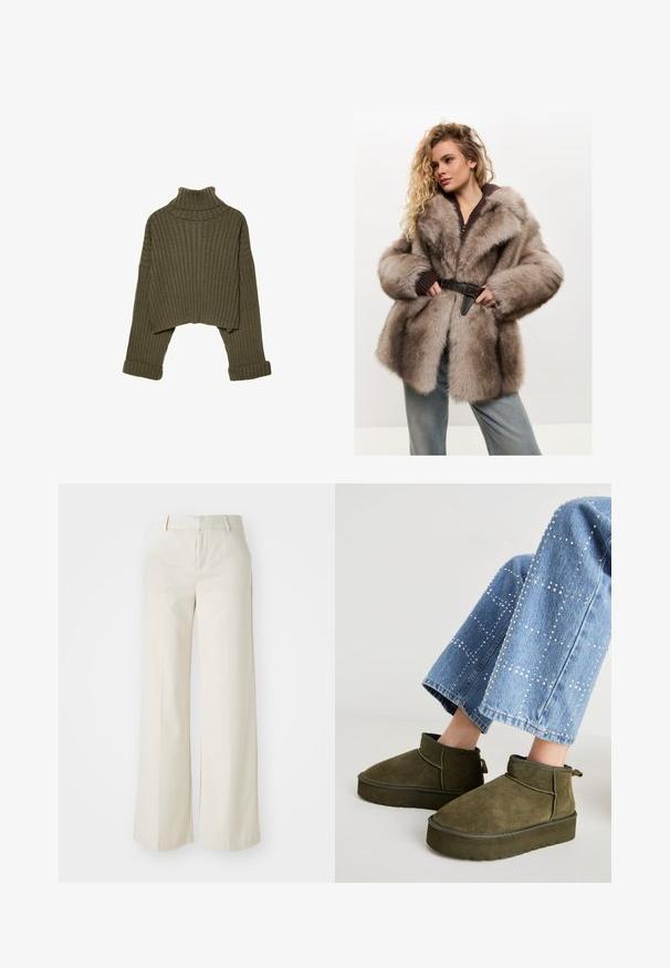 Cesare Gaspari Wintermantel - brown; Stradivarius Strickpullover - khaki; Weite Hosen in einem hellbeigen Farbton, aus einem glatten Stoff gefertigt. Mit einem klassischen Bund und flachem Vorderteil, das klare Linien zeigt.; Olivgrüne Wildleder-Ankle Boots mit einer dicken, strukturierten Sohle und einem Zugriemen. Kombiniert mit hellblauen, verzierten Jeans.