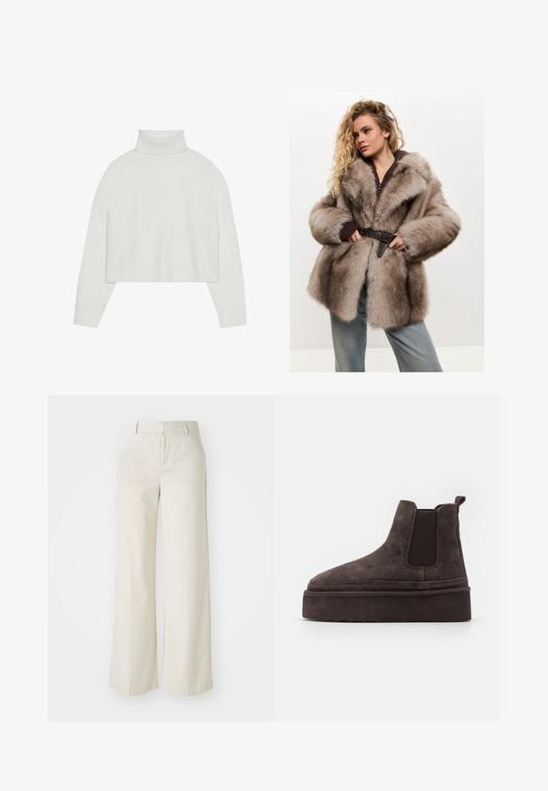 Cesare Gaspari Wintermantel - brown; Weißer, kurz geschnittener Rollkragenpullover mit gerippten Bündchen und Saum. Weicher Stoff, weite Ärmel und nahtloses Design auf der Rückseite.; Weite Hosen in einem hellbeigen Farbton, aus einem glatten Stoff gefertigt. Mit einem klassischen Bund und flachem Vorderteil, das klare Linien zeigt.; Braune Wildleder Chelsea-Stiefel mit elastischen Seitenpaneelen und einer dicken, strukturierten Plattformsohle. Mit einem Ziehband an der Ferse für ein einfaches An- und Ausziehen.