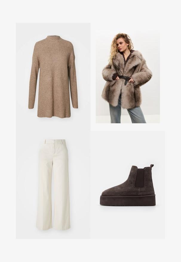 Cesare Gaspari - Płaszcz zimowy; Brązowy sweter prążkowany z wysokim dekoltem, długimi rękawami i luźnym krojem. Wykonany z miękkiego, teksturowanego materiału.; Spodnie o szerokich nogawkach w jasnobeżowym kolorze, wykonane z gładkiego materiału. Posiadają klasyczny pas i płaski przód z czystymi liniami.; Brązowe zamszowe botki typu Chelsea z elastycznymi bocznymi panelami i grubą, fakturowaną podeszwą platformową. Posiadają pętlę z tyłu dla łatwego zakładania.