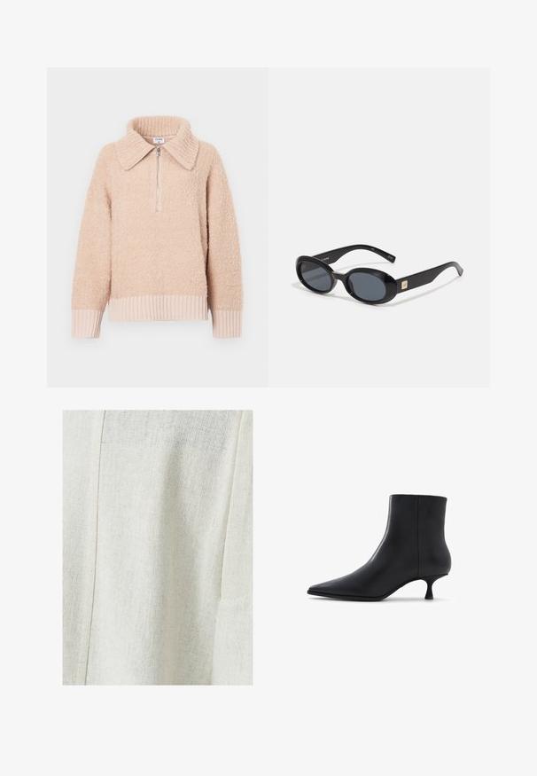 Cesare Gaspari Wintermantel - brown; Beige fleece pullover met een kraag en een halve rits. Ribgebreide manchetten en zoom. Zachte textuur met een gezellige uitstraling.; Lichtbeige linnen stof met een textuurpatroon, voorzien van een stikseldetail en een zijzak. Gladde afwerking met een subtiele weef. ; ALDO EMMALIE - Lage laarzen - black; Zwarte ovale zonnebril met donkere lenzen, glanzend kunststof frame, brede zijkanten en een kleine gouden accent aan de zijkant.