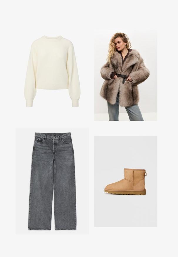 Cesare Gaspari Talvitakki - brown; Kermankeltainen pitkähihainen neulepusero, jossa on ribbireunus pyöreässä pääntiessä, hihoissa ja helmassa.; Laivahousut tummanharmaasta denimestä. Ominaisuuksina korkea vyötärö, viisi taskua ja etupainon sulku. Sujuva pinta hienovaraisella haalistumisella.; Ruskean mokkasandaalit pyöreällä kärjellä, ommelluilla yksityiskohdilla, takana vetotappi ja teksturoidulla kumipohjalla. Suunniteltu mukavuutta ja lämpöä varten.