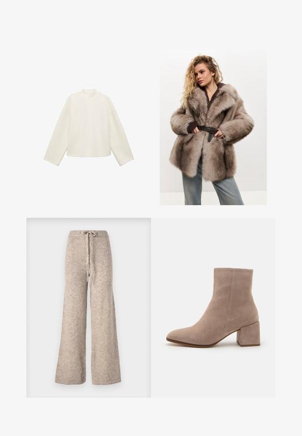 Cesare Gaspari Winter coat - brown; White, textured sweatshirt with a high neck, dropped shoulders, and long sleeves. Cropped design with a straight hem and minimal seams.; Beige wide-leg pants made from textured knit fabric, featuring a drawstring waist and a relaxed fit.; Beige suede ankle boot with a pointed toe and a chunky square heel. The surface is smooth with a soft texture and minimal detailing.