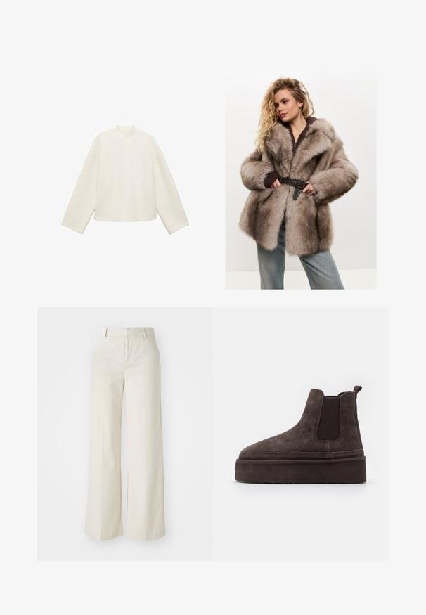 Cesare Gaspari Geacă - brown; Hanorac alb, texturat, cu guler înalt, umeri lăsați și mâneci lungi. Design scurt, cu tiv drept și cusături minime.; Pantaloni cu picioare largi, de culoare bej deschis, dintr-un material neted. Prezintă un brâu clasic și un față plată cu linii curate.; Cizme Chelsea din suede maro, cu panouri elastice pe laterale și o talpă groasă, texturată. Dispun de un obiect de prindere la călcâi pentru a facilita îmbrăcarea.