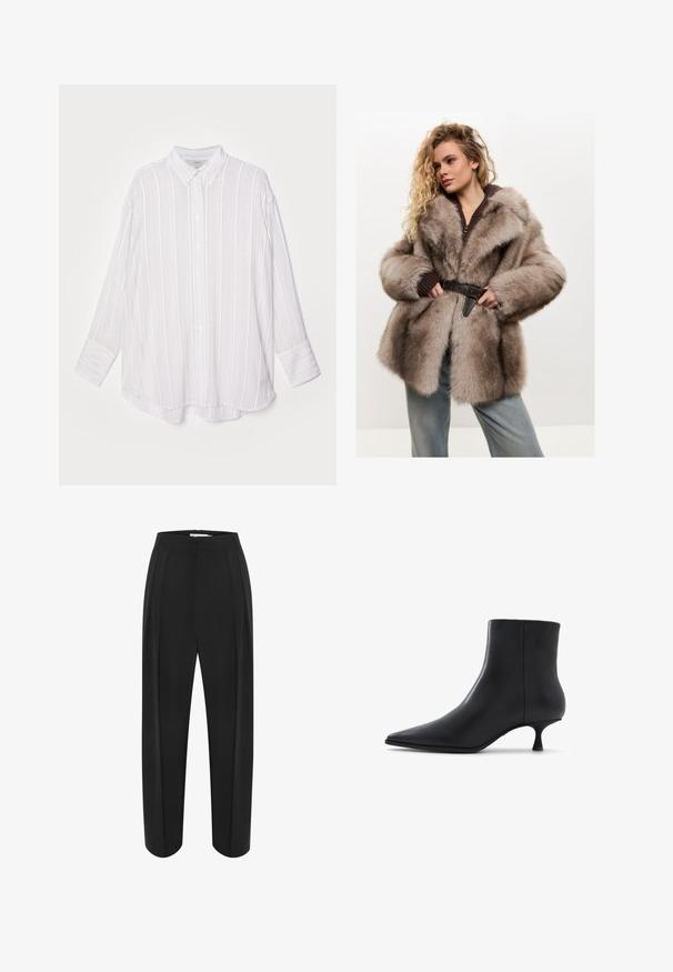 Cesare Gaspari - Płaszcz zimowy; Biała koszula z długim rękawem w pionowe jasnoszare paski, z kołnierzykiem zapinanym na guziki i podwójnie złożonymi mankietami. Miękka tkanina o lekko oversize'owym kroju.; Czarne spodnie o szerokich nogawkach i wysokim stanie, z gładką teksturą i dwoma plisami z przodu. Zaprojektowane w czysty, dopasowany fason.; ALDO EMMALIE czarny