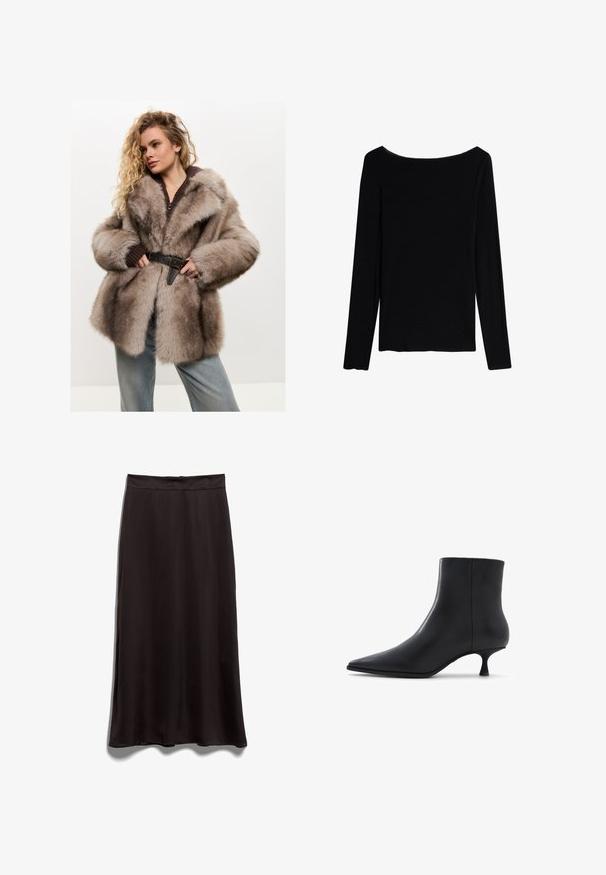 Cesare Gaspari Wintermantel - brown; Intimissimi ULTRALIGHT - Longsleeve - black; Zwarte satijnen midi-jurk met een soepel textuur, een rechte snit en een tailleband. Geen zichtbare patronen of hardwaredetails.; ALDO EMMALIE - Lage laarzen - black