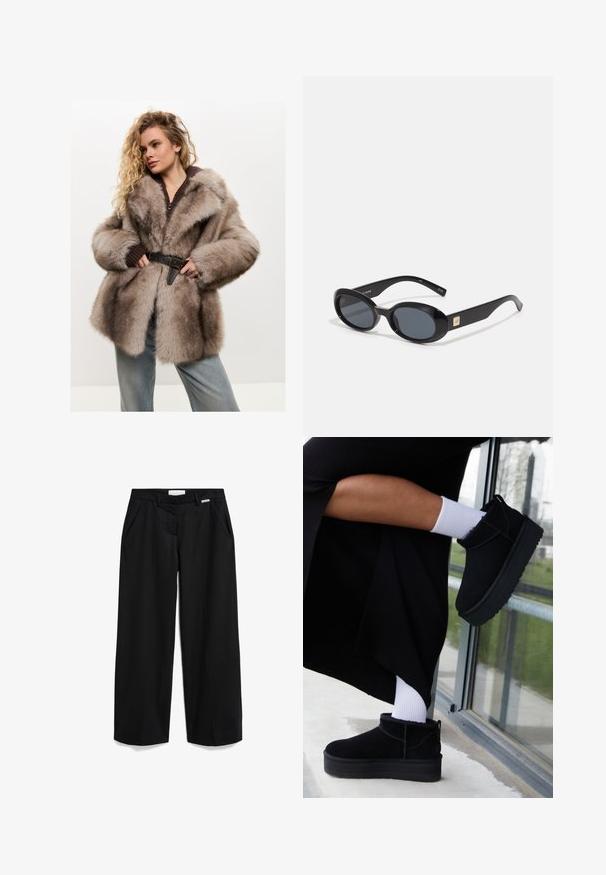Cesare Gaspari Wintermantel - brown; Intimissimi U-BOOT-AUSSCHNITT - Longsleeve - black; Zwarte wijde broeken met een gladde textuur, voorzien van zijzakken, een rits en een klein wit label op de tailleband.; Zwarte suède enkellaarsjes met een platte zool, voorzien van een achterste lus, gedragen met witte enkelsokken tegen een minimalistische achtergrond.; Zwarte ovale zonnebril met donkere lenzen, glanzend kunststof frame, brede zijkanten en een kleine gouden accent aan de zijkant.